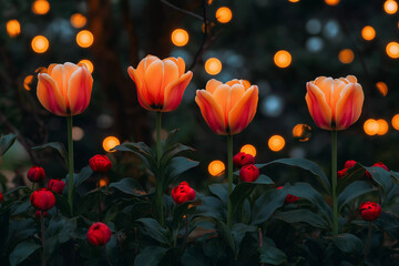 Fototapeta premium Row of illuminated orange tulips standing amidst dark foliage, glowing lights creating a magical atmosphere.