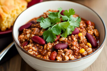 Fototapeta premium Spicy chili con carne served in a bowl with fresh cilantro garnish and cornbread on the side