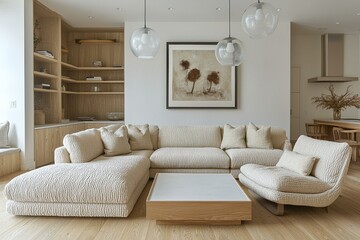 Fototapeta premium A modern minimalist interior design in a living room with wood shelves, sofa and table views, and pendant lighting. Generative AI 