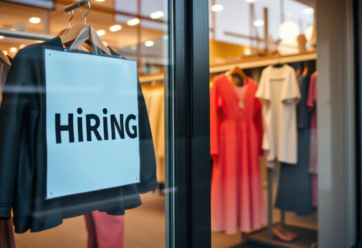 Tienda de ropa con un cartel colgado en la puerta que dice Contratación
