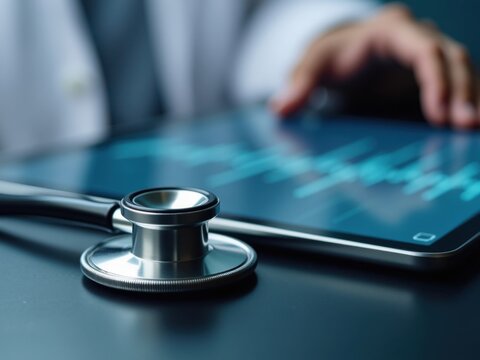 Estetoscopio pulido, con su pieza de acero inoxidable brillando bajo la suave luz del consultorio del m&eacute;dico