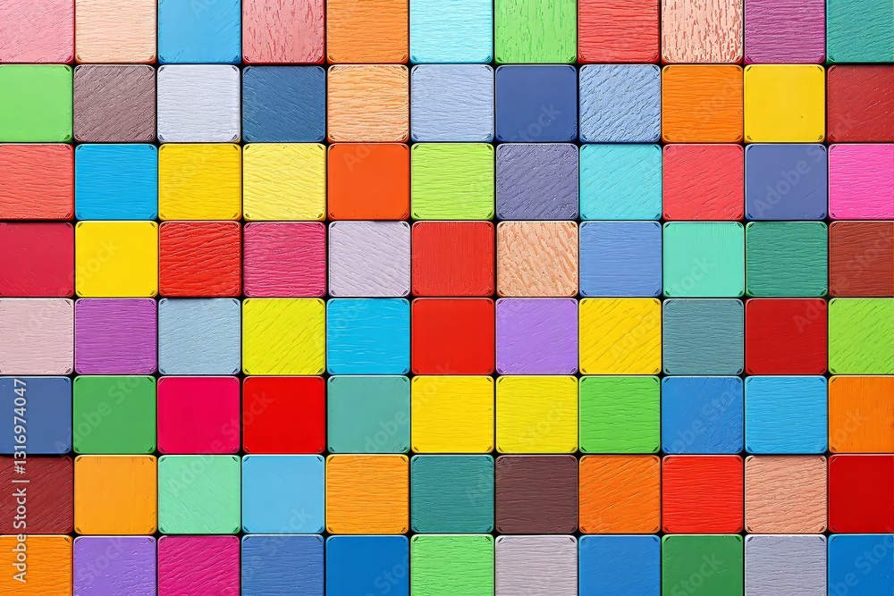 Poster colorful wooden square blocks arranged in a seamless pattern.