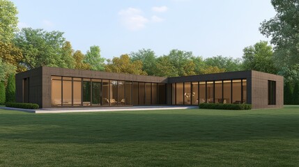 Fototapeta premium Sleek minimalist house featuring raw concrete walls, expansive glass panels, and simple landscaping.