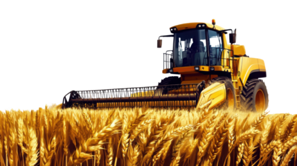 "A harvester cutting through a wheat field, isolated on transparent background, capturing agricultural efficiency.