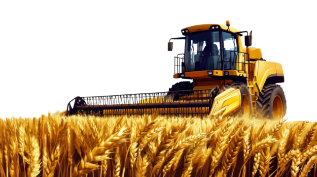 "A harvester cutting through a wheat field, isolated on transparent background, capturing agricultural efficiency.