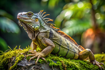 Fototapeta premium green iguana low angle view blur background