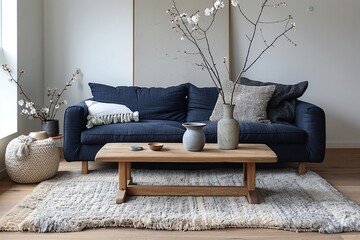 Minimalist, modern Scandinavian interior design in the living room with a blue sofa and a wooden table. Generative AI
