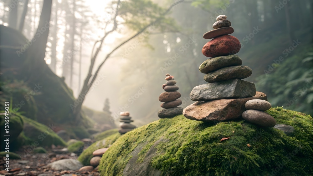 Poster a mossy boulder in a serene forest setting adorned with multiple balanced stone stacks, symbolizing 