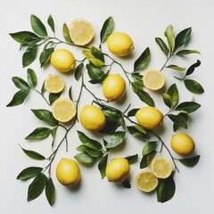 Fresh lemons and leaves arranged artfully on a white background