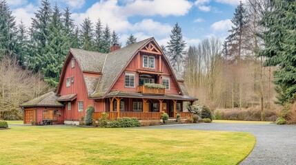 Obraz premium Spacious two-story farmhouse with a classic barn-style roof, wooden beams, and a large front yard.
