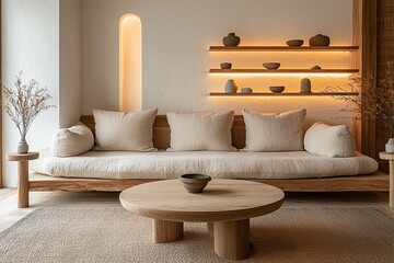 A modern minimalist interior design in a living room with a sofa and a wooden table and LED lighting on a wooden shelf. Generative AI
