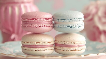 Obraz premium Delicate Pink and Blue Macarons Stacked on a Vintage Plate in Soft Pastel Setting