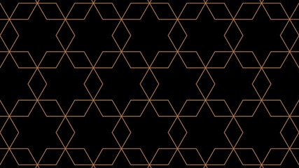 Seamless geometric pattern with thin gold lines forming interconnected hexagons and diamonds on a black background. Elegant and modern design with an Art Deco influence.