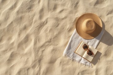 Beach towel set up for relaxation under the sun with sunglasses and a hat on sandy shore