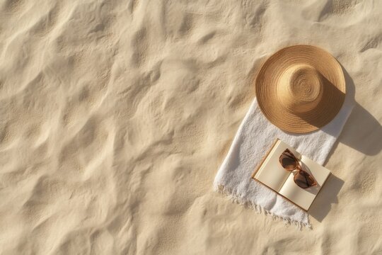 Beach towel set up for relaxation under the sun with sunglasses and a hat on sandy shore