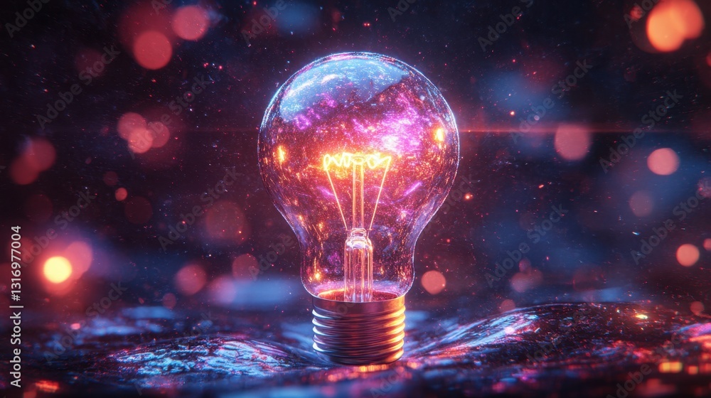 Poster luminous light bulb radiating vibrant energy on textured surface with bokeh lights in dark backgroun