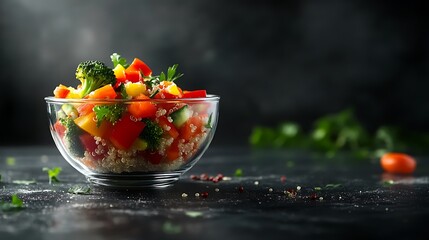Colorful Quinoa Salad in Glass Bowl, Ready to Eat with Copy Space for Text.