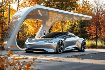 Futuristic silver electric sports car charging at a modern station, surrounded by autumn trees with golden leaves.
