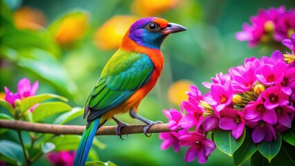 Fototapeta premium A vibrant bird perched on a colorful branch in a lush tropical forest with bright green leaves and vibrant flowers surrounding it, tropical birds, feathers