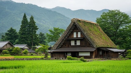 Obraz premium Traditional Japanese farmhouse with a steep roofline, stone walls, and a quiet rural setting.