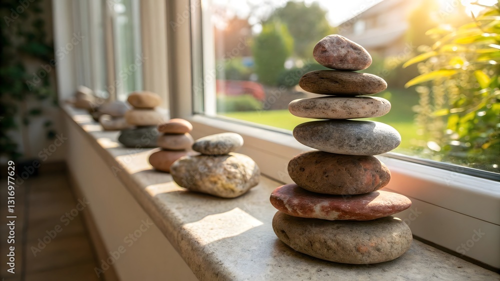 Poster multiple balanced stone stacks arranged on a windowsill with natural light streaming in, creating a 