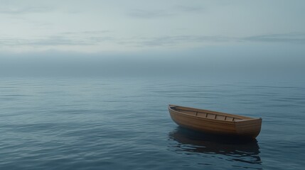 Naklejka premium Serene Boat on Calm Water Under Soft Morning Fog