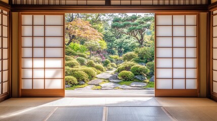 Traditional Japanese house with sliding paper doors, tatami mat floors, and serene garden view through a shoji screen.
