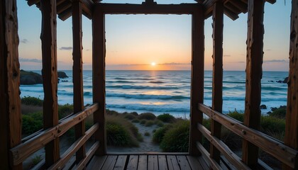Fototapeta premium Ocean View from Wooden Hut at Sunset