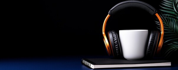 Auditory Escape with Coffee Cup on Notebook Surrounded by Modern Headphones and Lush Greenery