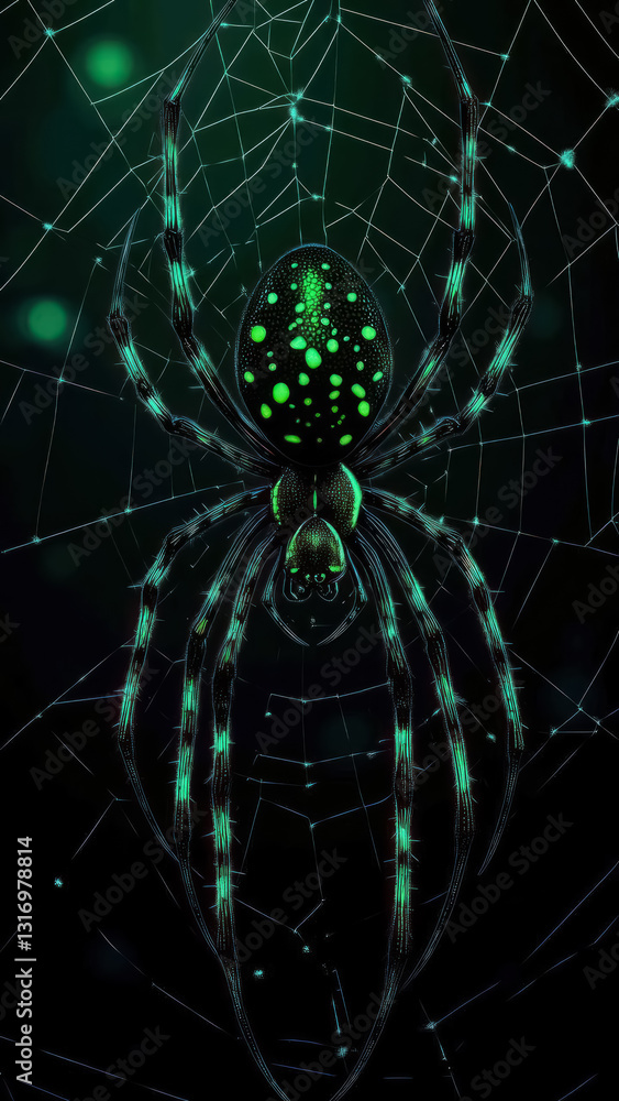 Wall mural glowing green spider on intricate web in dark background with bokeh lights