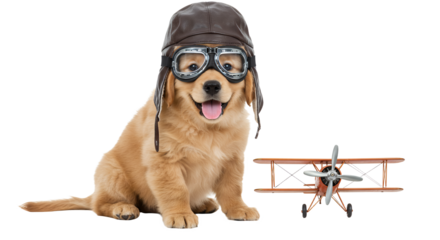 Dog Posing as an Aviator with Toy Plane on White Background
