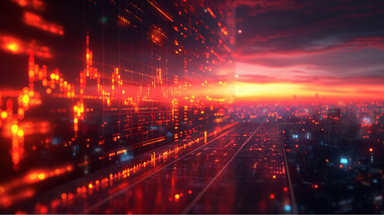 Fototapeta premium Futuristic Digital City with Data Visualization at Sunset