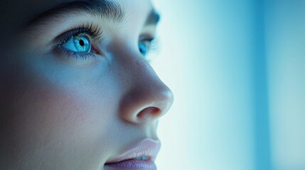Close-up of a young woman's face, eyes gazing intently into the distance, soft lighting