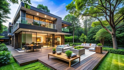 A modern house with a spacious patio surrounded by lush greenery and towering trees, perfect for relaxing and enjoying the outdoors , Modern home, Outdoor living