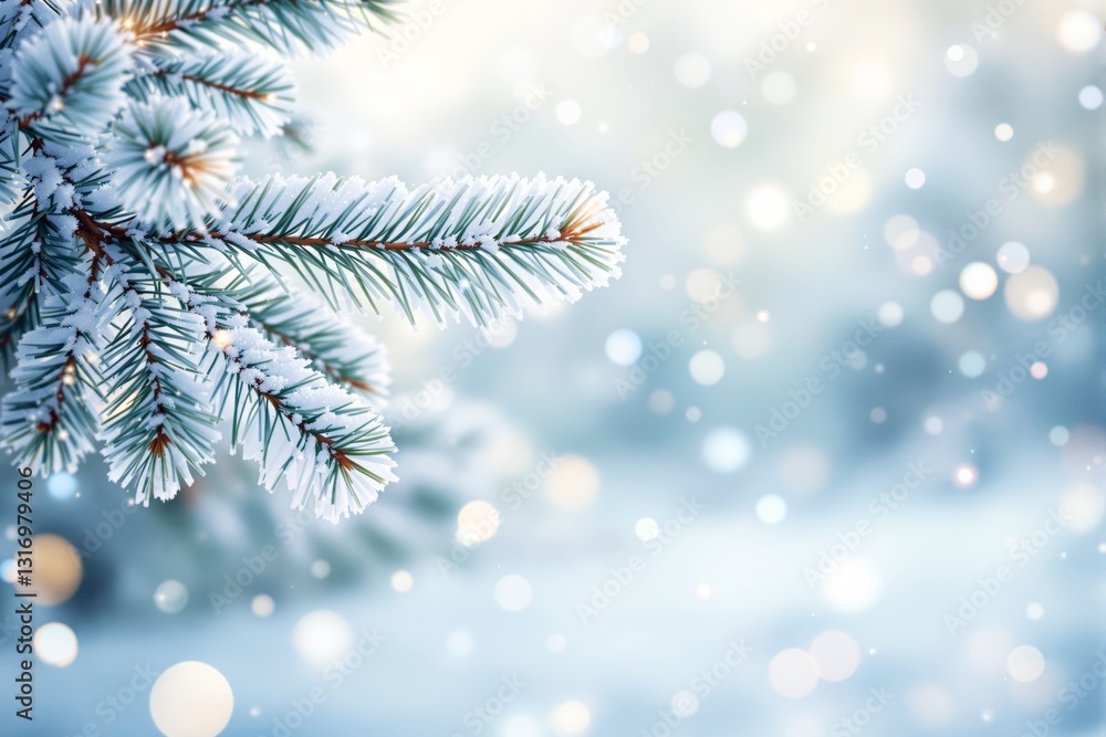Poster Snow-covered pine branch with soft bokeh background and winter light concept.