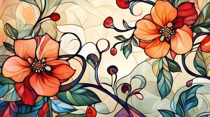 Luxurious floral motif with curling vines, Art Nouveau stained glass textures, watercolor fluidity, intricate design. 