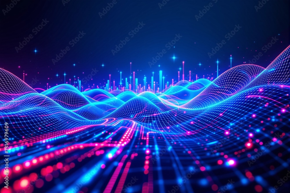 Poster abstract digital landscape with neon grid and light effects.