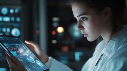 Focused scientist reviewing data on a tablet