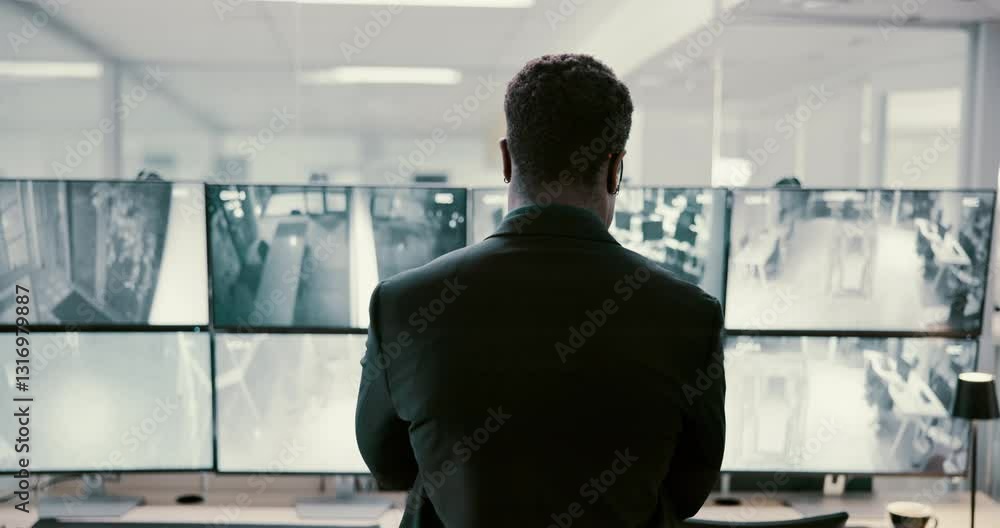 Fototapete man, back and security with screen of surveillance in control room for monitoring safety in building