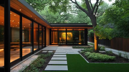 Warm minimalist home with textured wood finishes, black-framed windows, and modern landscaping.