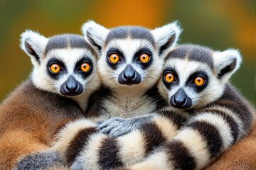 Obraz premium Three lemurs cuddling together on a blurred background.