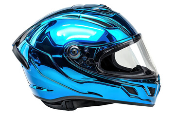 Fototapeta premium Shiny Blue Chrome Motorcycle Helmet Sporty Full Face Design Reflective Visor