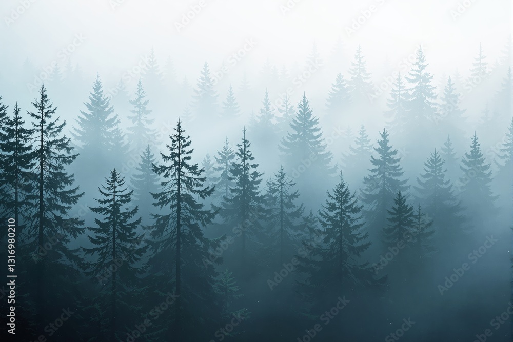 Poster misty evergreen forest with tall trees in a serene and atmospheric landscape.