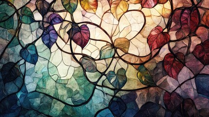Ornate intertwining vines, stained glass reflections, soft watercolor texture, deep gemstone colors.