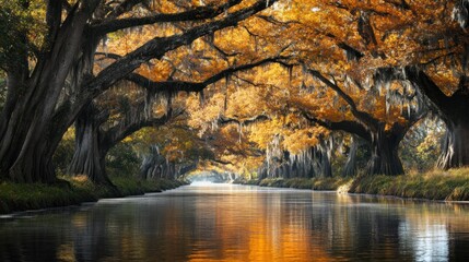 Serene Louisiana bayou landscape with ancient oak trees cloaked in Spanish moss