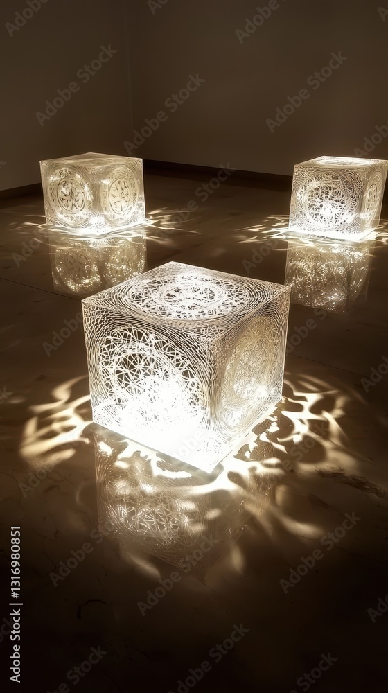 Poster decorative illuminated cubes casting intricate light patterns indoors