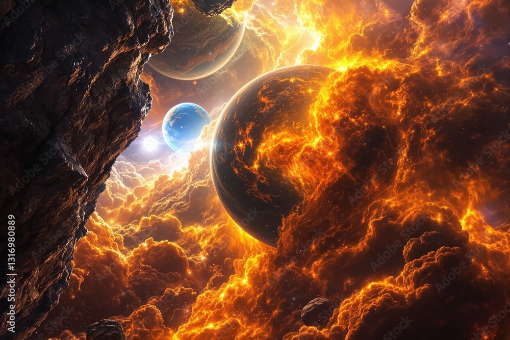 Poster cosmic scene with planets and fiery clouds.