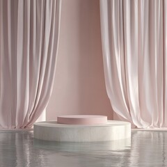 Elegant, minimalist, pink podium display in a room with flowing curtains and a water-like floor