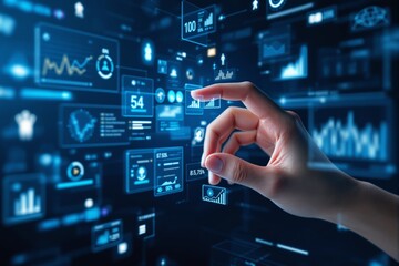Hand interacting with holographic business data interface.