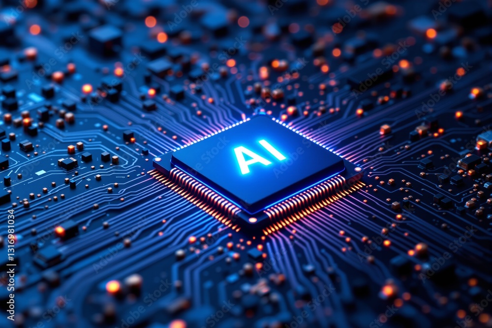Poster ai chip on a circuit board with glowing lights.